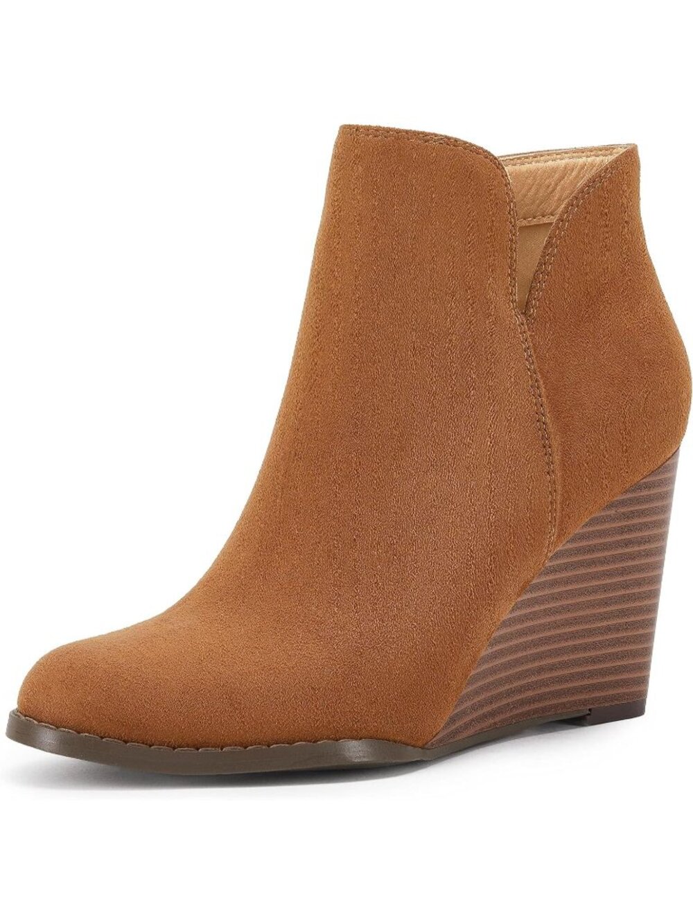 Women's Dark Brown Wedge Ankle Booties Zip-up Closed Toe Stacked Heel Faux Suede